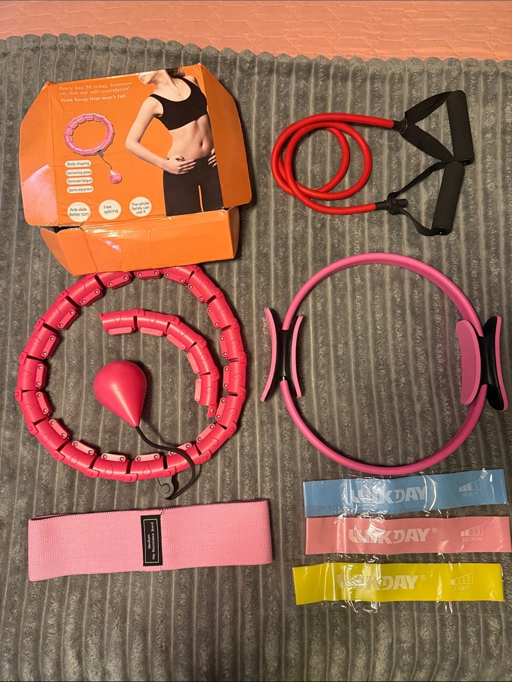 Pink Fitness Accessory Set - Resistance Bands, Pilates Ring & Hula Hoop